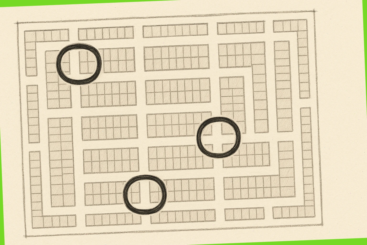 Hand-drawn aisle map with three short loops highlighted