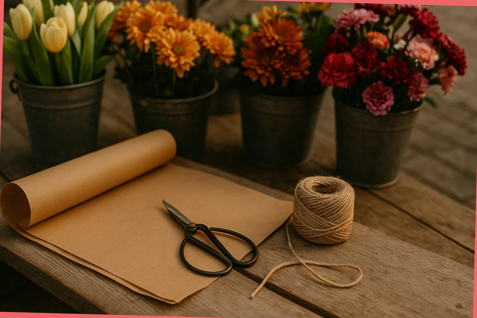Brown paper, string and scissors beside flower buckets