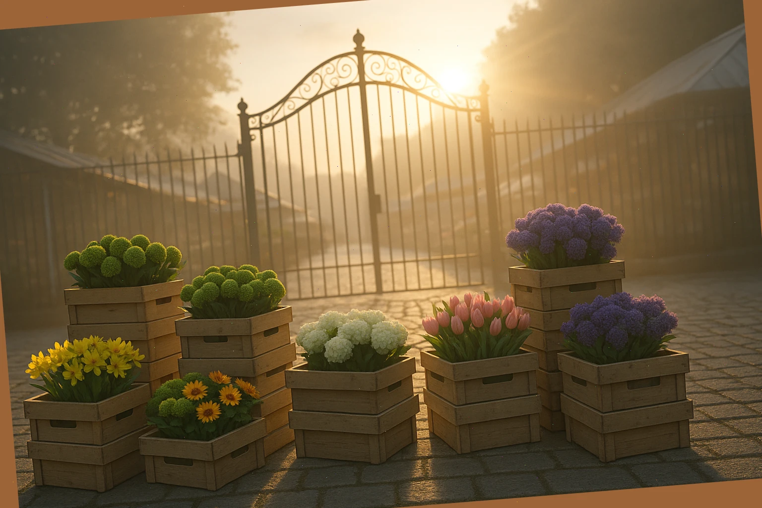 First light over stacked flower crates at a market gate