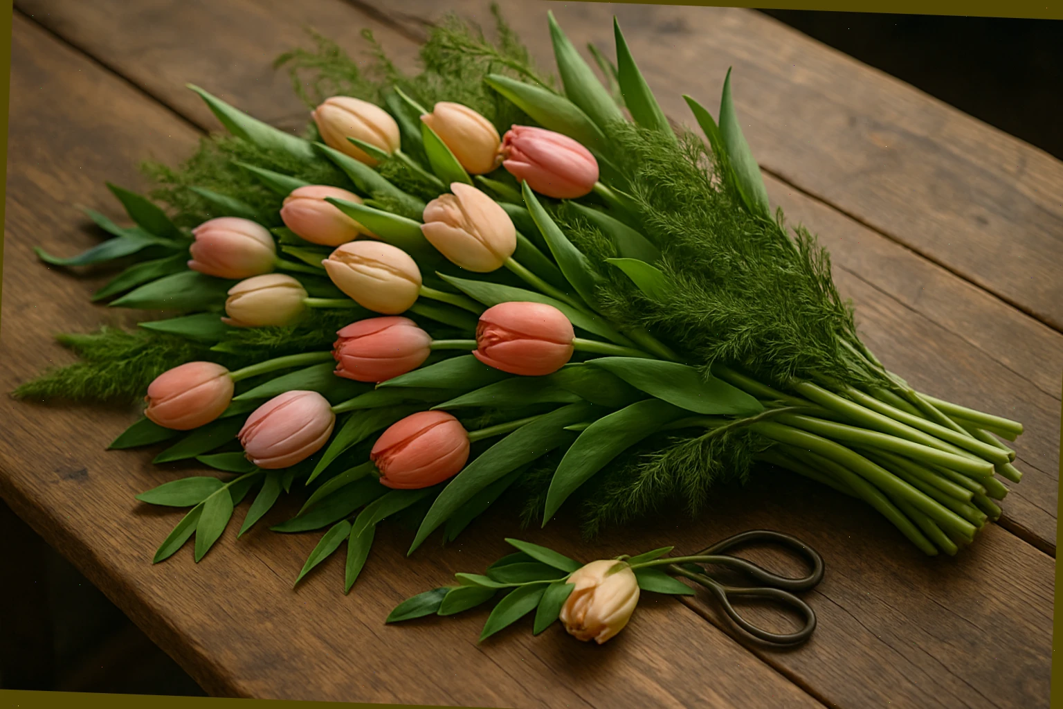 Seasonal spread of tulips and greenery on a wooden table